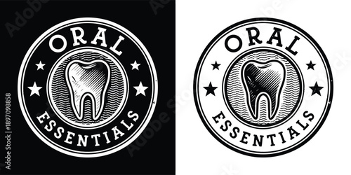 Vintage distressed circular emblem featuring a detailed molar illustration and the words oral essentials for branding purposes