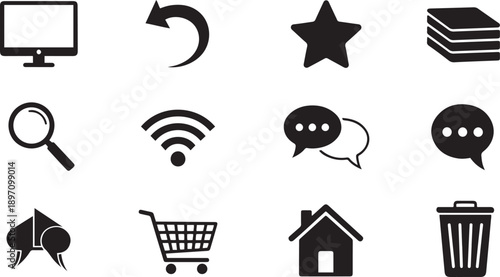 Black and white of computer screen monitor curved arrow star stack of books magnifying glass wifi signal chat bubbles spade suit shopping cart house trash can