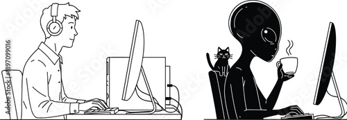 Human man and alien sitting at computer desk, working or gaming comparison, vector line art illustration isolated on white