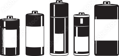 Black and white of five batteries with different charge levels battery energy