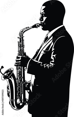 Jazz musician playing saxophone silhouette, man in suit performing music with wind instrument, vector illustration isolated on white background