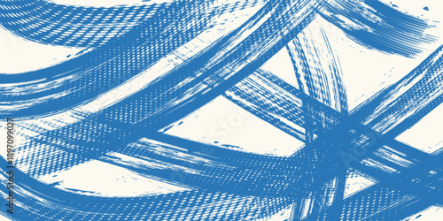 Grunge grainy blue brush stroke with spray texture. Hand drawn distress damaged vintage banner with zigzag bold line. Rough thick brush stroke texture. Spray paint effect vector background.