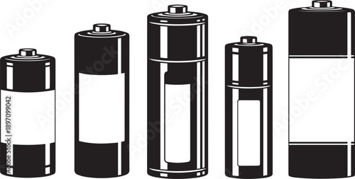 Black and white of five batteries with different levels of charge battery energy power