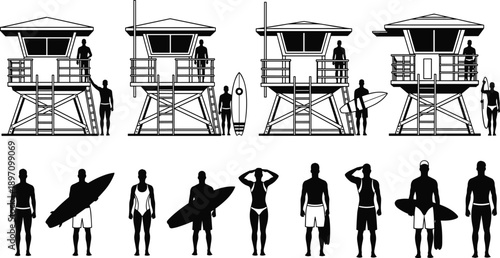 Lifeguard tower and surfer silhouette set, beach rescue station vector, summer ocean safety icons, people in swimwear isolated on white