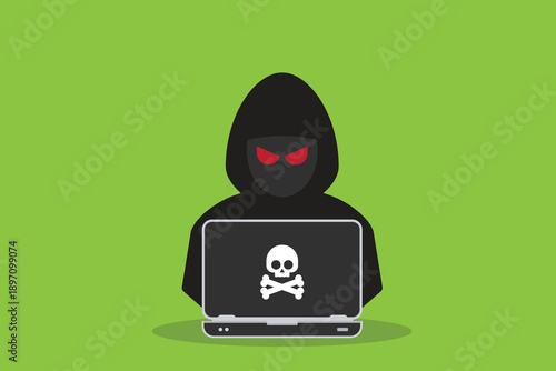 Hacker at laptop icon. Flat illustration of hacker at laptop vector icon for web design	