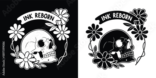 Black and white graphic design featuring a skull encircled by stylized daisies and a banner reading ink reborn