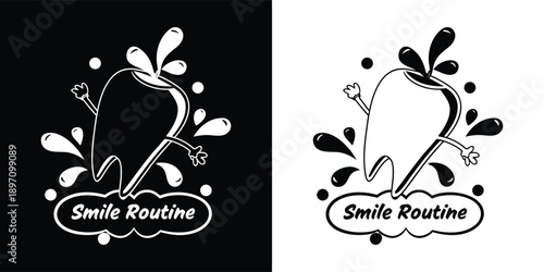 Cheerful cartoon tooth character mascot enthusiastically splashing liquid announcing a smile routine for dental health and hygiene