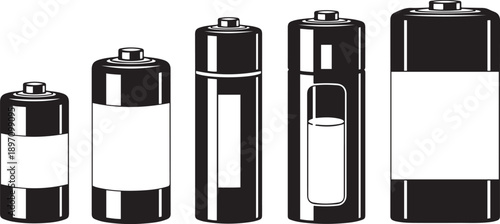 Black and white of various battery types and sizes batteries cylindrical electronics
