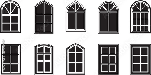 Black and white of various window styles windows arched 1 pointed rectangular