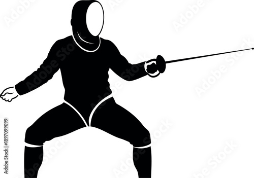 Fencer in protective gear with foil sword
