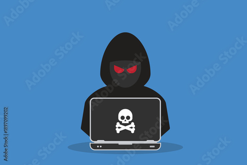 Hacker at laptop icon. Flat illustration of hacker at laptop vector icon for web design	