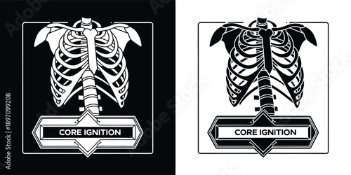 Stylized graphic design featuring a bold human rib cage illustration in contrasting black and white versions suitable for apparel.