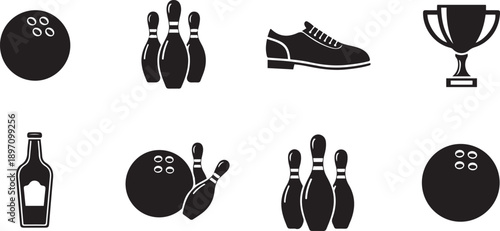 Black bowling with white outlines on white background bowling ball bowling pins bowling shoe trophy