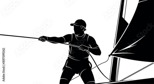 A person sailing a boat with a single sail