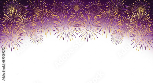 Purple and Gold Fireworks Border on White Background, Festive Celebration Header Design