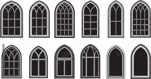 Gothic church windows with various arched black