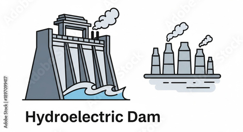 Hydroelectric Dam and Industrial Power Plant Illustration.