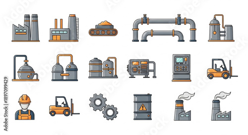 Industrial factory and equipment icons collection.