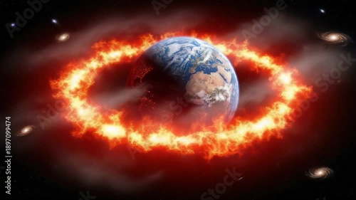 Fiery Ring Encircles Earth in Cosmic Space with Galaxies