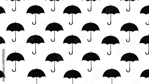 Seamless pattern with black open umbrellas, vector silhouette background, autumn rain concept texture, repeating wallpaper print, isolated on white