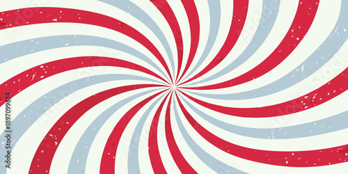 A swirling background of red and light blue radial stripes with texture