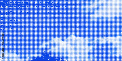 Blue pixelated image depicting clouds and a sky with digital noise