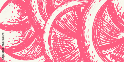 Abstract pink brushstrokes form swirling circular patterns on a white background