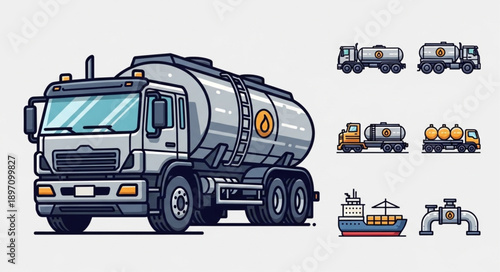 Illustration of a large silver fuel tanker truck with multiple wheels.