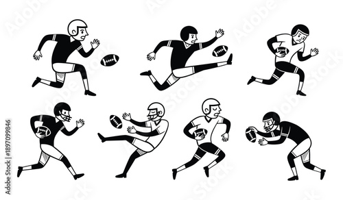 Seven cartoon american football players in black and white performing various actions drawing