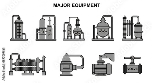 Industrial Chemical Processing Equipment Icons Set.