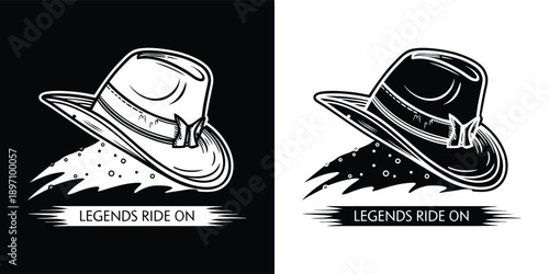 Monochrome illustration of a tilted fedora hat design featuring motion lines and the text legends ride on perfectly displayed