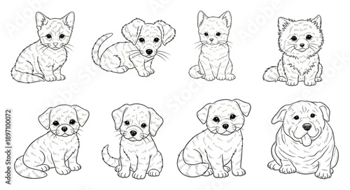 Collection of Adorable Puppy Illustrations in Sketch Style.