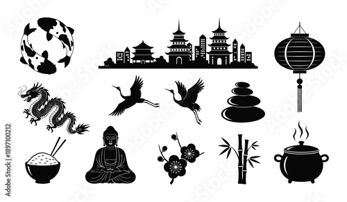 Collection of black silhouette icons representing Asian culture and symbols vector