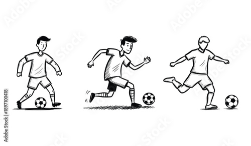 Three cartoon soccer players in black and white kicking and dribbling a ball football sport