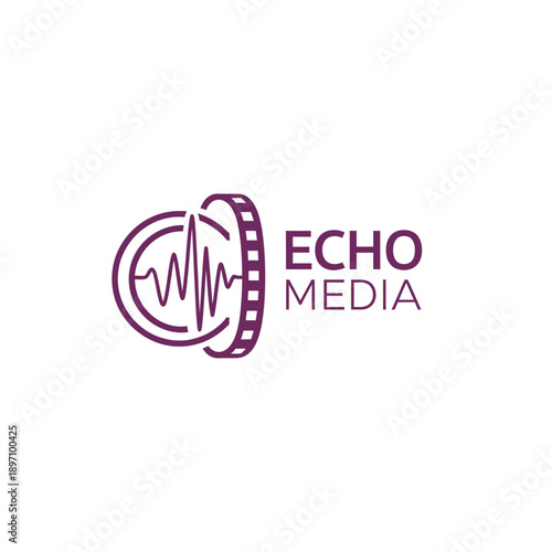 Film roll with sound wave frequency icon logo for multimedia production and digital audio studio branding identified as Echo Media