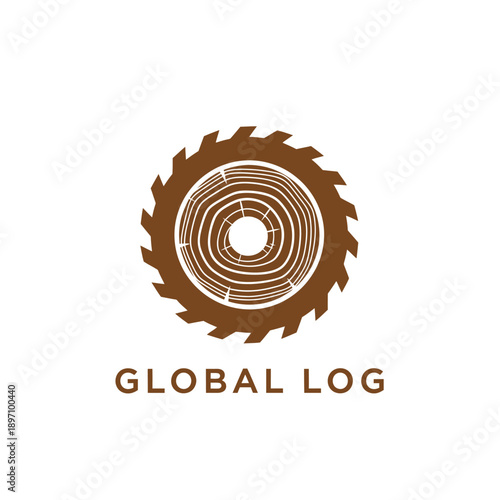 Circular saw blade integrated with wood tree rings for timber industry and carpentry workshop identity brand symbol Global Log logo