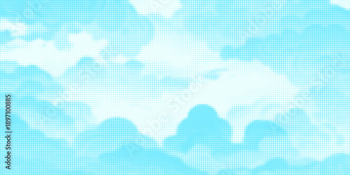 Dotted comic cloud background. White halftone clouds in blue sky. Pop art heaven wallpaper for banner, brochure, collage, poster, leaflet. Pixelated smoke, smog or fog texture. Vector illustration