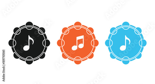 Set of three musical tambourine icons featuring different colors and musical note designs