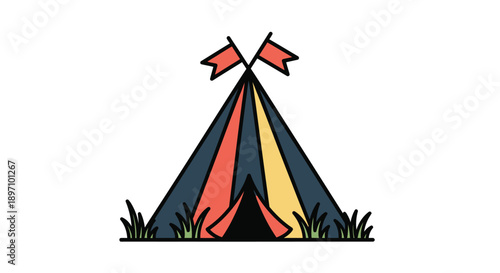 Colorful stylized teepee tent illustration with flags standing in green grass icon