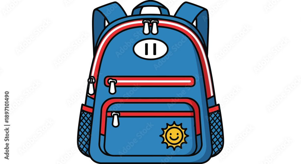 Fototapeta premium Bright blue cartoon backpack with red trim and cheerful sun emblem for school