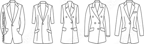 Black and white blazer and coat technical illustration set showing various tailored outerwear styles in clean outline design for apparel fashion, sewing patterns and textile graphics