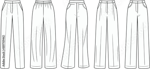 Black and white pants technical illustration set showing multiple trouser styles with different waist and leg designs in clean outline style for apparel fashion design