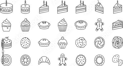 Black and white dessert icons set featuring cakes, cupcakes, cookies, pies and pastries in minimal line style for bakery branding and food design