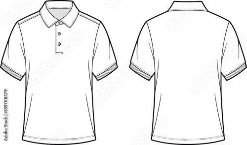 Black and white polo shirt technical illustration showing front and back views in clean outline style for apparel design, fashion production, sewing patterns and textile graphics