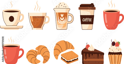 Coffee and bakery illustration set with hot drinks croissants cake cupcake and sandwich cozy cafe breakfast flat vector icons isolated on white background