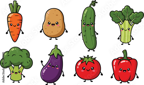 Cute kawaii vegetable character set with carrot potato cucumber broccoli eggplant tomato and pepper smiling cartoon flat vector illustration isolated on white background