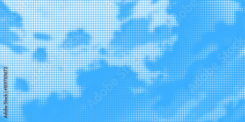 Halftone cloud background. White dotted clouds in blue sky. Comic pop art heaven wallpaper for banner, collage, poster, leaflet, brochure. Rasterized smoke, smog or fog texture. Vector illustration