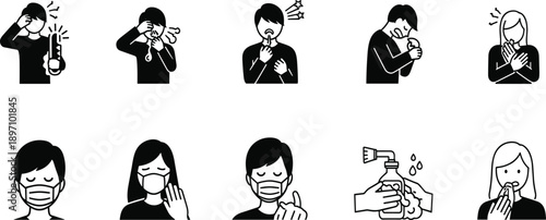 Health safety pictogram icon set showing cough sneeze mask wearing hand washing and illness symptoms hygiene awareness black silhouette symbols isolated on white background