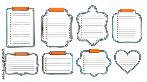 Decorative memo pad templates in various shapes with clips and orange accents provide a charming organization tool for journals and planners.