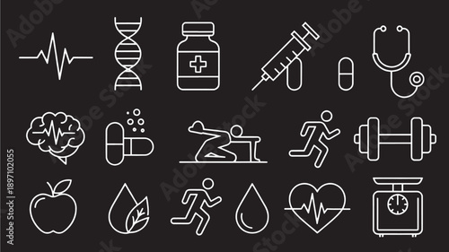 Modern health and wellness icons for fitness and medicine designs